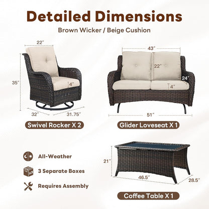 4 Piece Patio Furniture Set - Outdoor Glider Bench with Swivel Rocker Chairs and Coffee Table, High Back Small Outdoor Conversation Furniture Sets for Deck Sunroom Balcony Backyard