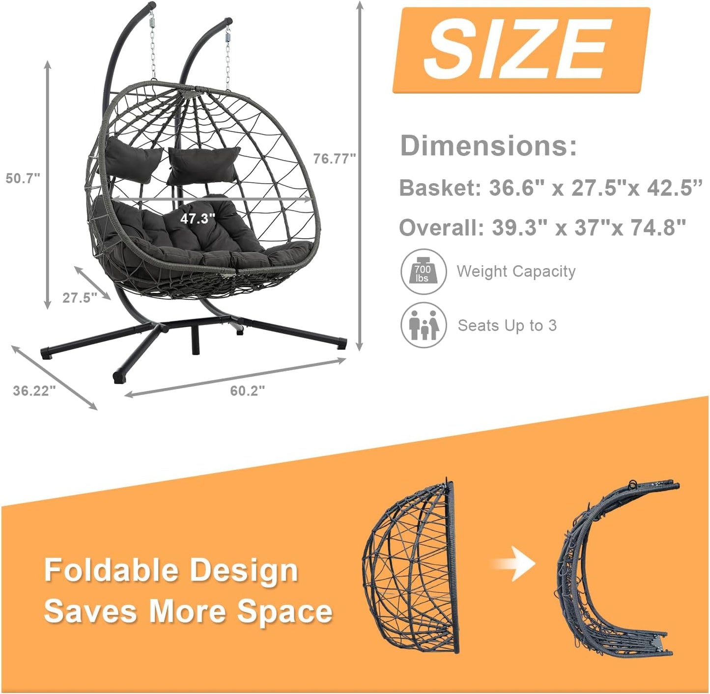 2 Person Double Egg Swing Chair with Stand Indoor Outdoor, Hammock Egg Chair Outdoor, Patio Wicker Hanging Egg Chair w/Cushion 700LBS Capacity for Bedroom, Balcony, Garden, Dark Grey