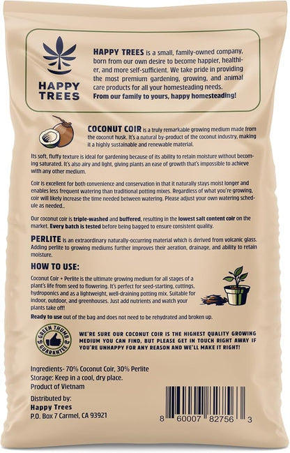 Happy Trees Coco Coir and Perlite 70/30 Growing Medium, Potting Mix, Seed-Starting, Premium Quality Triple-Washed for Low Salt/EC, pH Balanced Loose Coconut Fiber, Peat-Free, 50L (1.8 cu.ft.)
