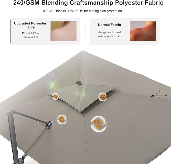 PURPLE LEAF 10 FT Cantilever Patio Umbrella Outdoor Umbrella with 220lbs Base Large Square Windproof Offset Umbrella for Pool Deck Garden, Ash Mocha