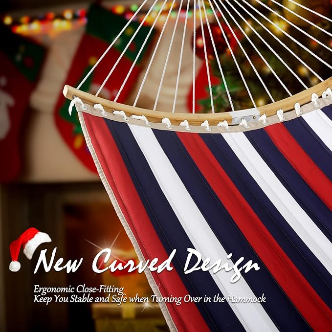 Double Hammock, 11 FT Quilted Fabric 2 Person Hammock for Outside with Pillow, Folding Curved Spreader Bar, Chains, Carrying Bag, Indoor Outdoor, 450 IB Capacity, Trinidad Red