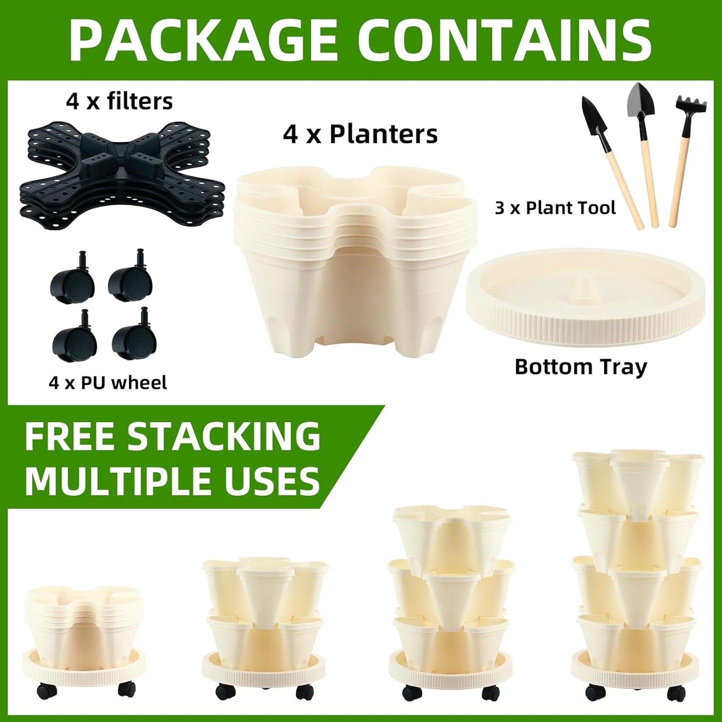 4 Tier Garden Tower Strawberry Planter Stackable Vertical Garden Planter for Herb Flowers Succulents and Lettuce Indoor/Outdoor Off-White