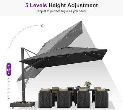 PURPLE LEAF 12' X 9' Rectangle Patio Umbrella Large Outdoor Aluminum Offset Umbrella with 360-degree Rotation Cantilever Umbrella for Garden Deck Backyard Pool Grey