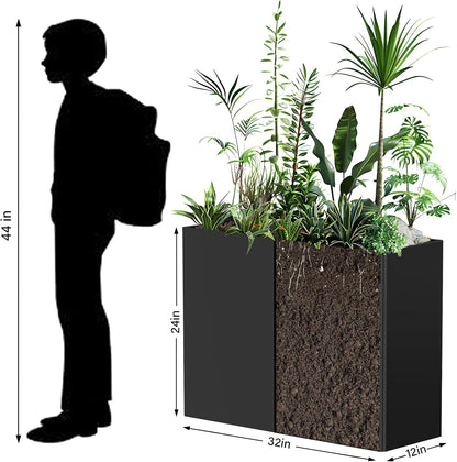 Heavy-Duty Galvanized Steel Planter with Removable Insert Shelf & 4 Drainage Holes - 32x12x24 Inches Large Size Planters for Outdoor/Indoor Patio, Black