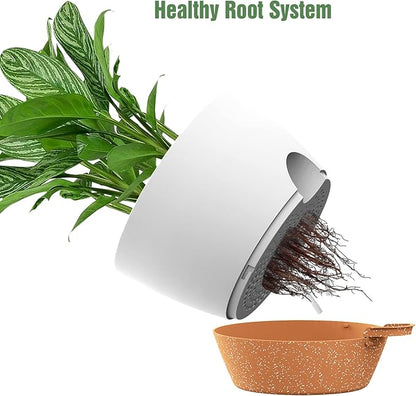 WOUSIWER 10 inch Self Watering Planters, 2 Pack Large Plastic Plant Pots with Deep Reservior and High Drainage Holes for Indoor Outdoor Plants and Flowers, White with Terracotta