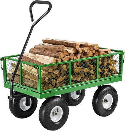 VEVOR 680 Lbs Steel Garden Cart on Wheels, Heavy Duty Garden Wagon Cart Pullable, Metal Outdoor Utility Yard Wagon Carts with 10" Tires, Mesh Removable Sides and 180°Rotating Handle