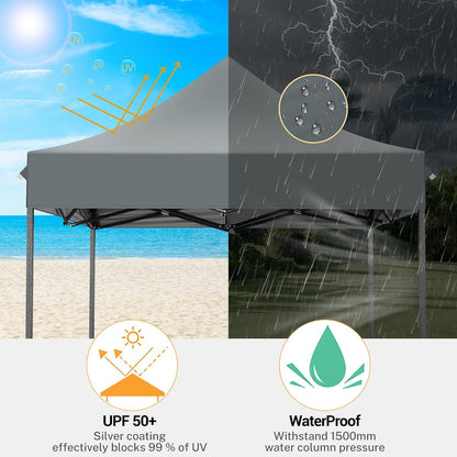 COBIZI 6.6x6.6 Pop up Canopy Heavy Duty Without Sidewalls, Easy Set-up Commercial Outdoor Party, 100% Waterproof Wedding Canopy Gazebo, 3 Height Adjustable with Carry Bag, Gray