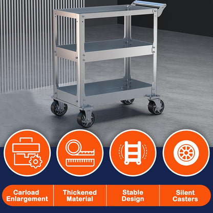 DDJ Stainless Steel Utility Cart on Wheels, 3-Tier 1100 lbs Heavy Duty Tool Cart with Wheels, Commercial Rolling Service Cart for Garage Workshop Warehouse Mechanic Kitchen 18.1" D x 30.7" W x 36.2" H