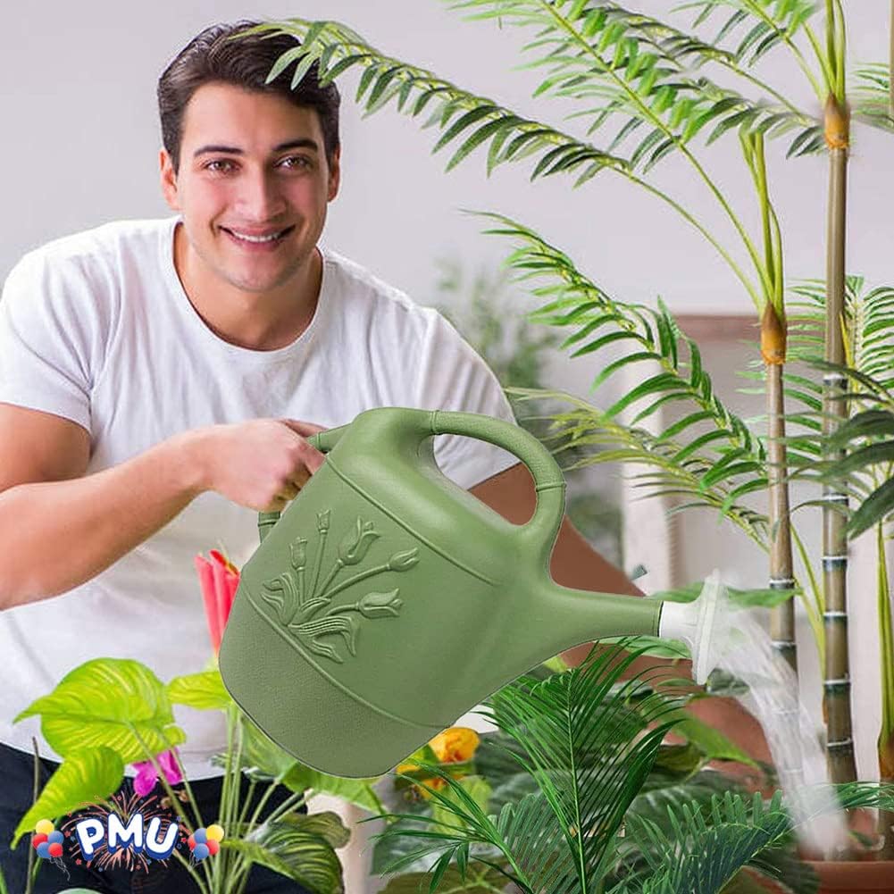 PMU 2 Gallon Watering Can - Garden Watering Can for Indoor & Outdoor Plants - Plastic Water Can with Detachable Sprinkler Head - Large Water Pot, Made in USA - Sage Green Pkg/3