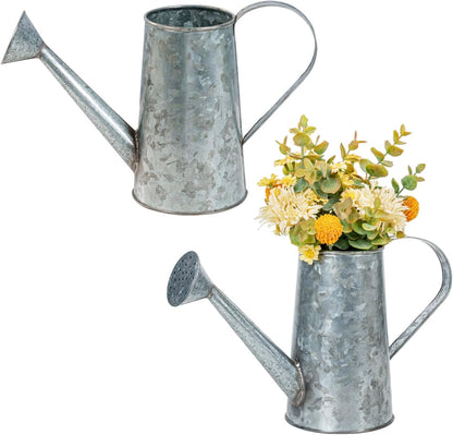 MyGift 7 Inch Small Rustic Galvanized Metal Decorative Vases in Vintage Style Watering Can Design for Dried Flowers and Artificial Plants, Set of 2 - Handcrafted in India