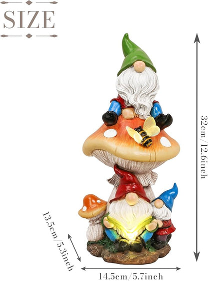 TERESA'S COLLECTIONS Garden Gnomes Statues Decorations for Yard with Solar Lights, Resin Gnome on Mushroom Reading Garden Decor Outdoor for Patio Lawn Ornaments,Ideal Gifts for Dad and Mom, 12.6"
