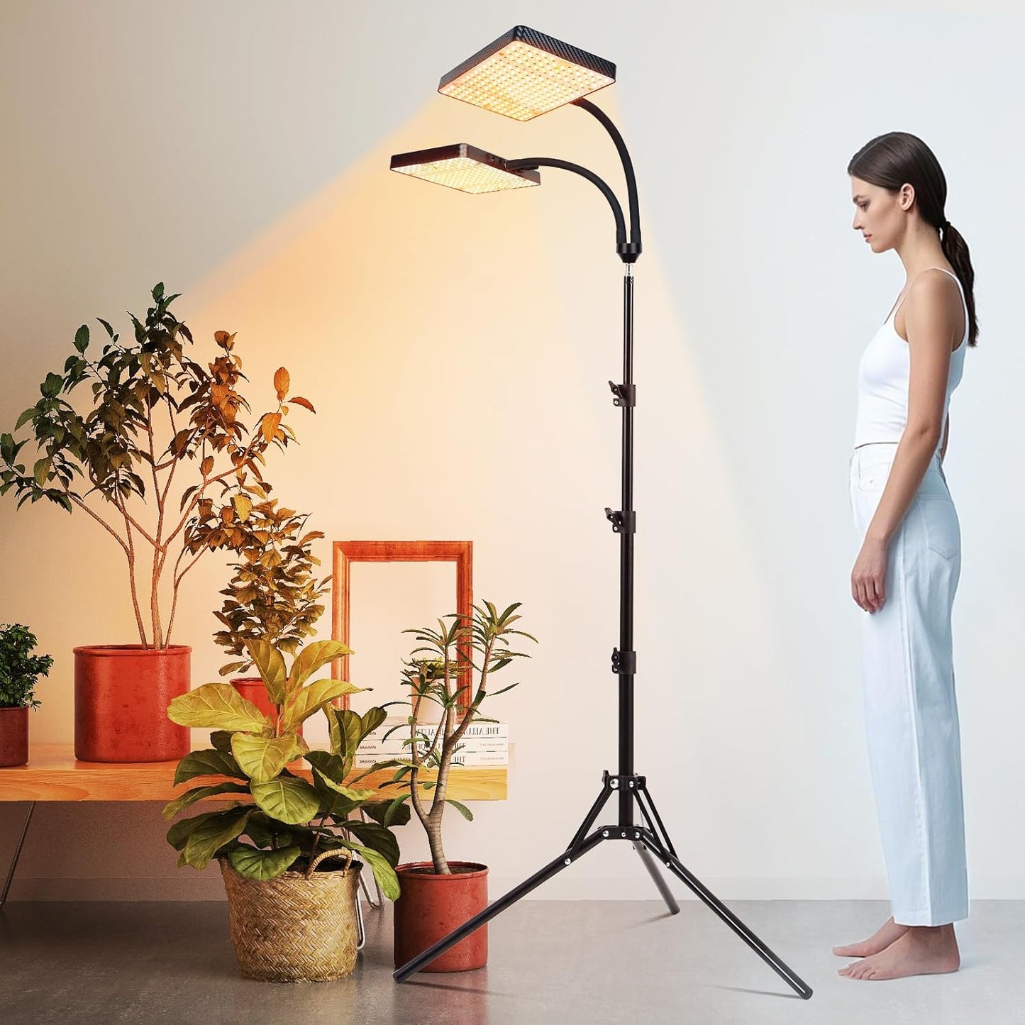 2-Head Grow Light with Stand 50W, FECiDA 2025 Grow Lights for Indoor Plants, Full Spectrum LED Plant Grow Light for Houseplants, Bonsai Tree, 4,8,12,16 Hr Timer and 360° Gooseneck