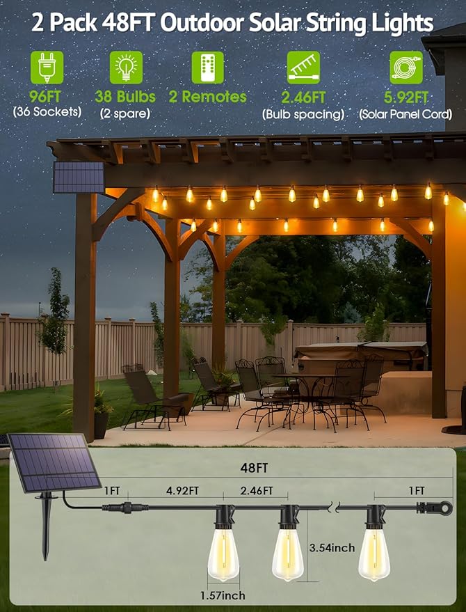 96FT(2x48FT) Solar Outdoor String Lights with Remote & Timer, Dimmable Patio Lights with 36+2 Shatterproof ST38 LED Bulbs for Outside-Black