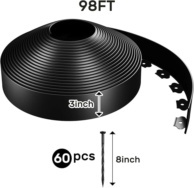 AGTEK 98FT Plastic Landscape Edging Kit 3inch Height No-Dig Garden Edging Border Lawn Edging Roll for Flower Bed Lawn Yard, Black, with 60 Anchoring Spikes