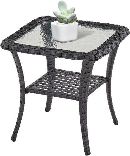 Handwoven Wicker Side Table - 20 Inch Small Outdoor Table 2 Tier Storage with Tempered Glass Top, All Weather Outdoor Patio End Tables for Deck Balcony Outside Black