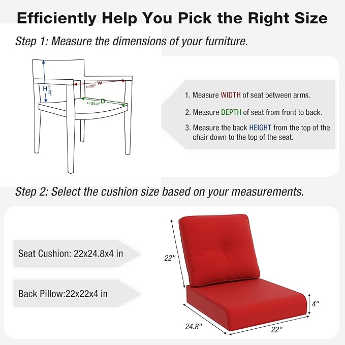 Joyside Outdoor Chair Cushions Set, 22x25/22x24 Inch Patio Furniture Deep Seat Cushions, Water Resistant & Thick Cushion, Outdoor Replacement Cushions for Seat and Sofa (Red, 1 Set)