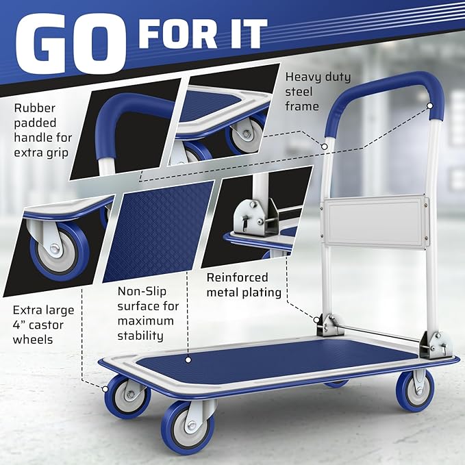 Heavy Duty Foldable Push Cart Dolly | 330 lbs. Capacity | Upgraded Collapsible Hand Truck Folding Platform with Swivel Wheels | Flat Bed Moving Wagon | Space Saving Push Handle (Blue)
