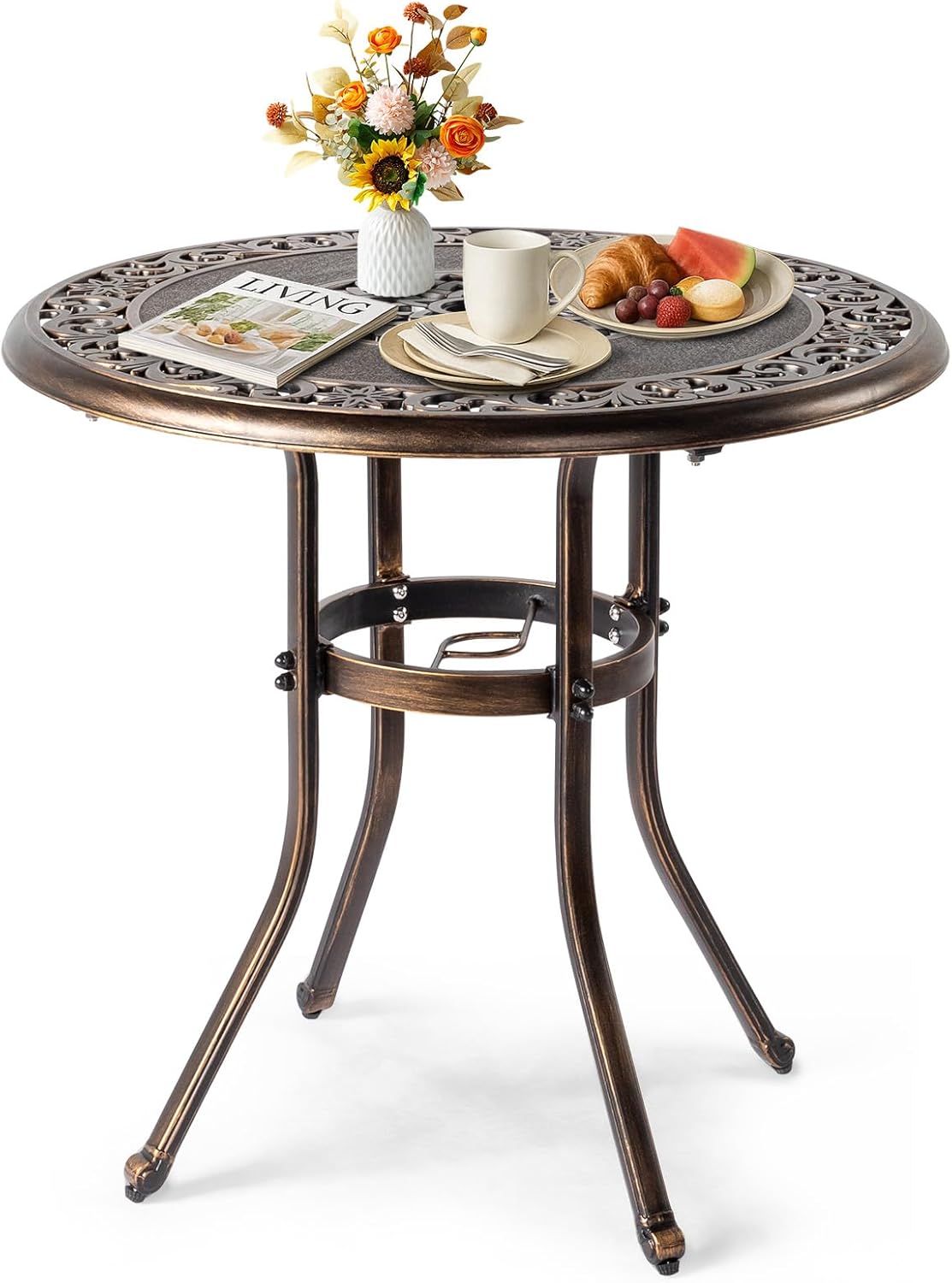 Outvita Outdoor Dining Table, Cast Aluminum Round Patio Bistro Table with Umbrella Hole Weather Resistant Aluminum for Balcony Poolside Garden Lawn