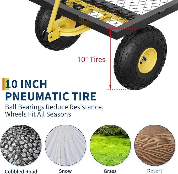 GarveeLife 900 LBS Garden Cart on Wheels with Adjustable Handles, Heavy Duty Steel Garden Wagon with Removable Mesh Sides to Convert into Flatbed, Wagon Cart for Lawn Farm Yard