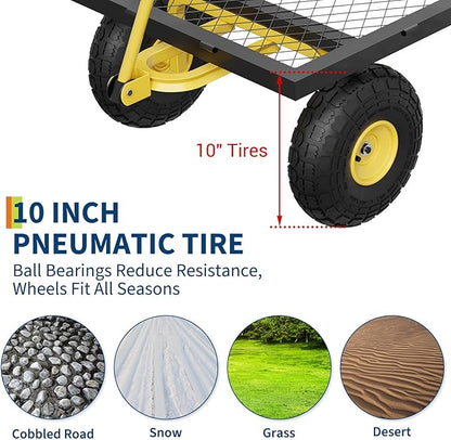 GarveeLife 900 LBS Garden Cart on Wheels with Adjustable Handles, Heavy Duty Steel Garden Wagon with Removable Mesh Sides to Convert into Flatbed, Wagon Cart for Lawn Farm Yard
