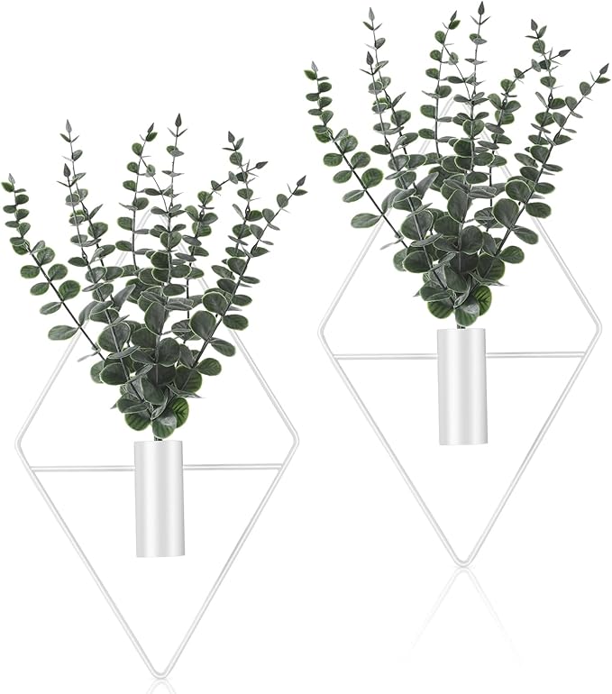 Jexine Hanging Planters with Artificial Eucalyptus Metal Hanging Vase Indoor Plants Holder Modern Geometric Boho Bathroom Wall Decor for Living Room Home Office(White,4 Pcs)