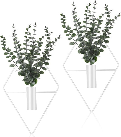 Jexine Hanging Planters with Artificial Eucalyptus Metal Hanging Vase Indoor Plants Holder Modern Geometric Boho Bathroom Wall Decor for Living Room Home Office(White,4 Pcs)