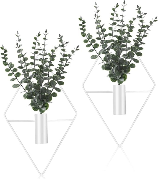 Jexine Hanging Planters with Artificial Eucalyptus Metal Hanging Vase Indoor Plants Holder Modern Geometric Boho Bathroom Wall Decor for Living Room Home Office(White,4 Pcs)