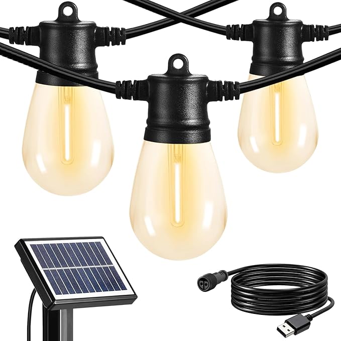 SUNTHIN 24ft Solar String Lights, USB Rechargeable Solar Outdoor Lights with Waterproof & Shatterproof LED Bulbs for Patio, Porch, Garden, Deck, Bistro, Cafe, Camping
