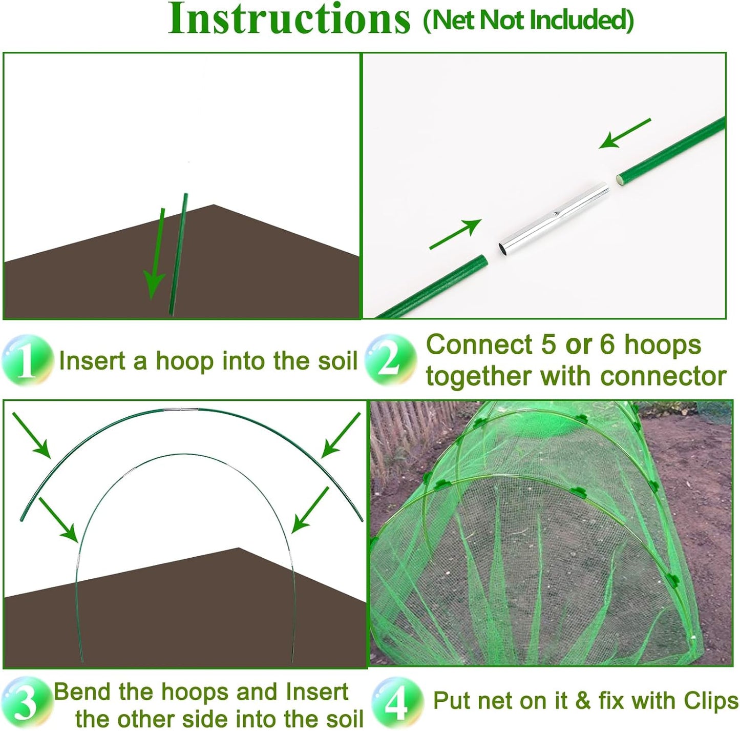 60Pcs Greenhouse Hoops Grow Tunnel Wide, 8FT Rust-Free Fiberglass Support Garden Hoops Kit for Raised Beds Plant Cloth Row Cover Netting-DIY Plant Support Garden Hoop for Netting-40Pcs Clips