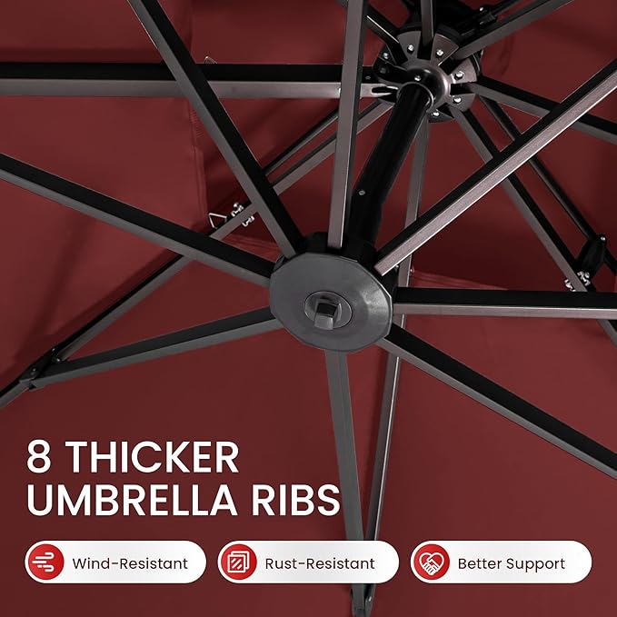 10x10 FT Cantilever Patio Umbrella with Base Included Double Top Outdoor Square Large Heavy Duty Aluminum Offset Umbrellas with 7 Level Tilt 360-degree Rotation for Pool Garden Deck,Wine Red