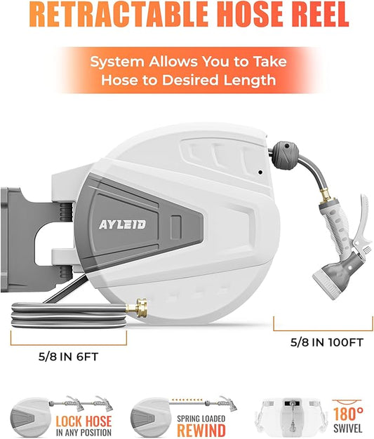 Ayleid Retractable Garden Hose Reel,5/8 in x 100 FT Wall Mounted Hose Reel, with 9- Function Sprayer Nozzle, Any Length Lock/Slow Return System/Wall Mounted/180°Swivel Bracket (Grey)