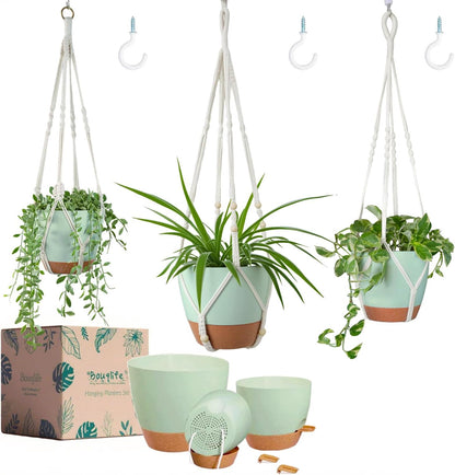 Larege Hanging Planters with Macrame Plant Hangers for Indoor Outdoor Plants 3 Set 10" / 8" / 7" Self Watering Pots Hanging Baskets Flower Pot Holders 3 Different Size Green Large