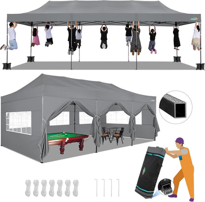 COBIZI 10x30 Pop up Canopy Tent 10x30 Canopy with Sidewalls, Heavy Duty Party Tent Tents for Parties, Foldable UPF 50+ Waterproof Commercial Ez up Canopy with Roller Bag, Grey(Windproof Upgraded)