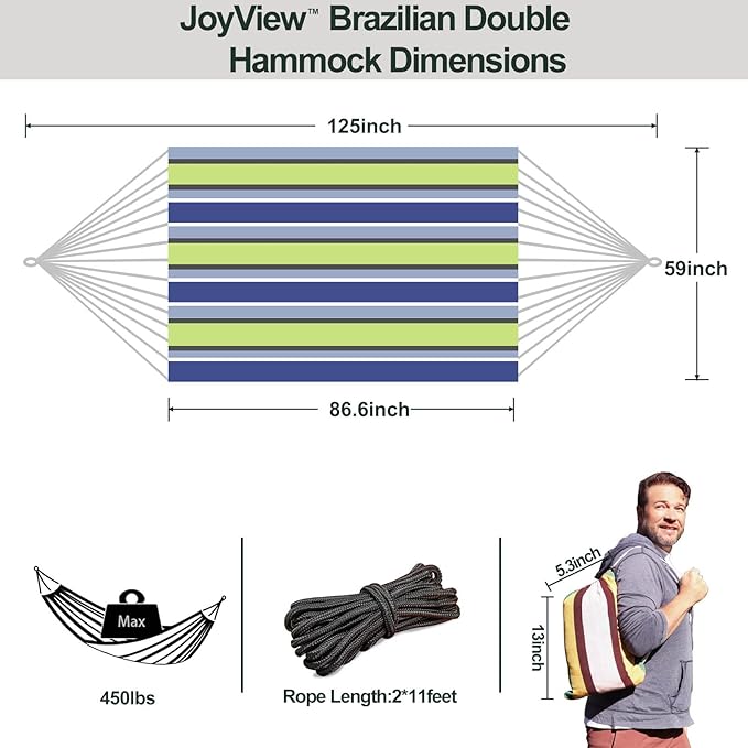 JoyView Brazilian Double Hammock with Hanging Ropes Extra Large 86.6x59” Portable Cotton Hammock for Patio Backyard Porch 450LBS Weight Capacity Perfect for Outdoor/Indoor - Blue & Green Stripes