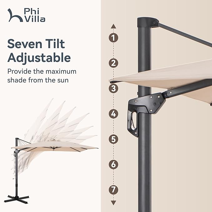 PHI VILLA 10ft Patio Umbrella with Base. 360° Rotation & 7-Level Tilt Outdoor Cantilever Umbrella with Easy Crank Handle. Square Offset Umbrella Heavy Duty for Garden Poolside Backyard (Beige)