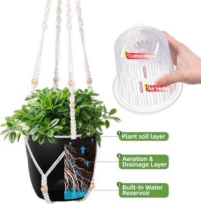 2-Pack 5.7-Inch Self-Watering Hanging Planters for Indoor & Outdoor Plants,34Inch Macrame Hanger Plant Pots Indoor with Drainage,Small Hanging Planters & Baskets,With Two Sets of Hooks（Pure black）