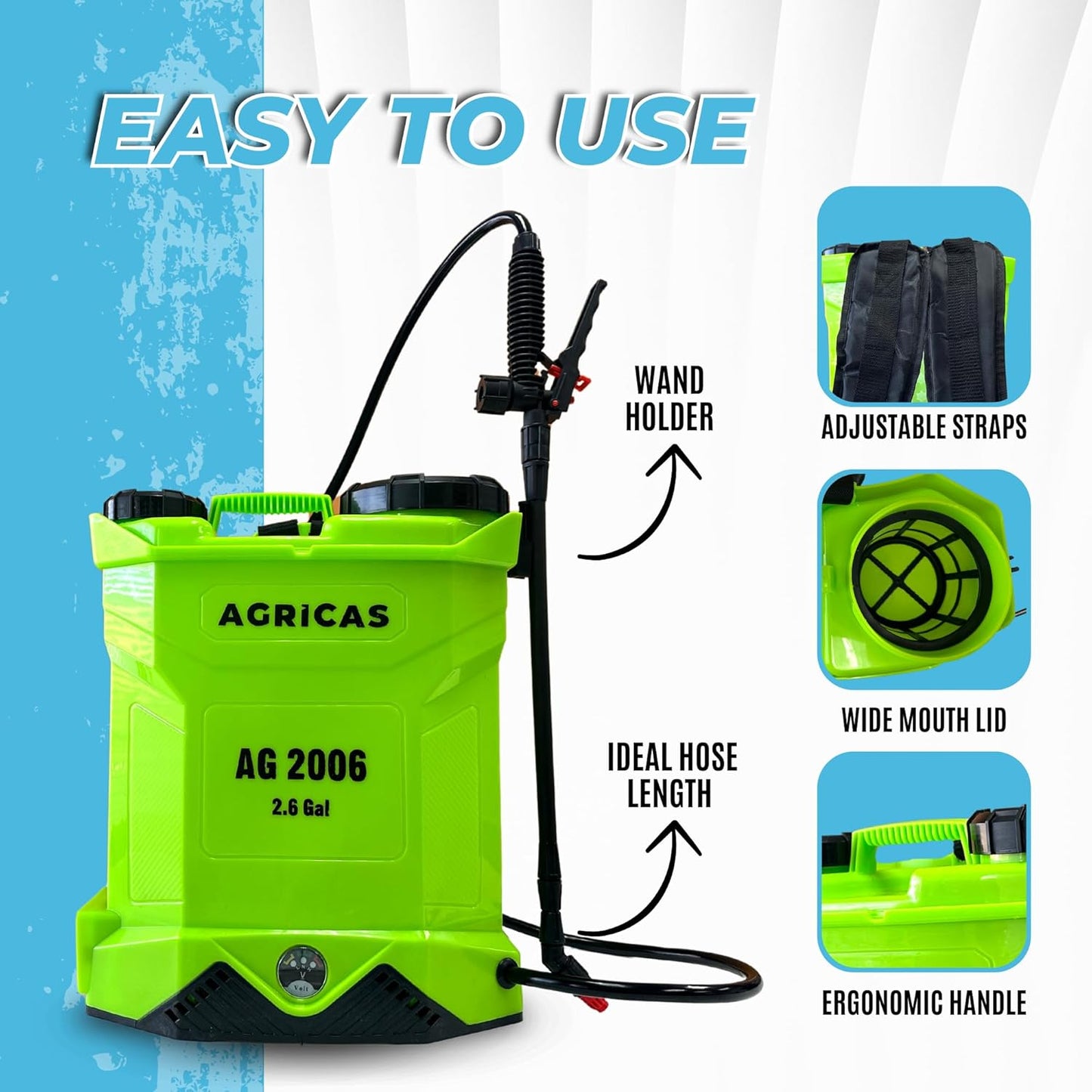 Battery Powered Backpack Sprayer 2.6 Gallon, 0-70 PSI Adjustable Pressure, Long-Lasting Lithium-Ion Battery&Charger, 7 Nozzles, Lawn and Garden Electric Sprayer for Weed/Pest Control Watering and more