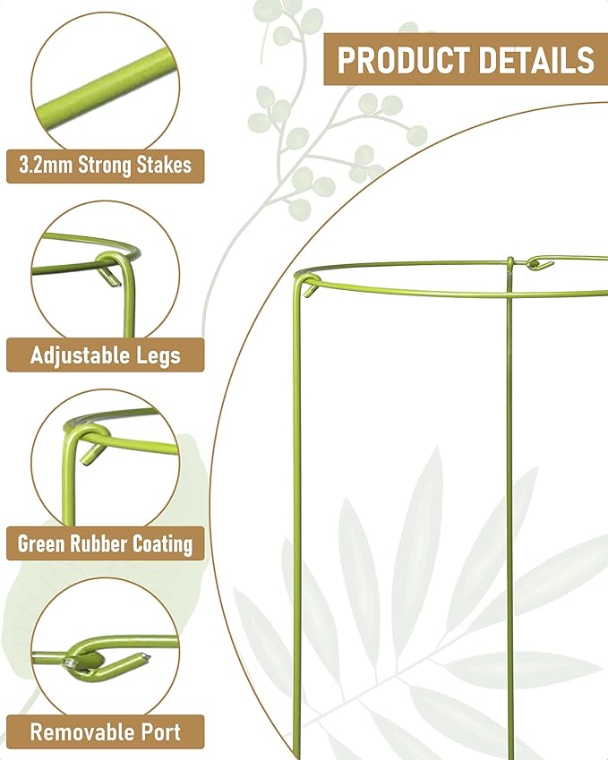 5-Pack Heavy Duty Garden Plant Stakes, 3.2mm Steel Plant Support Stakes for Indoor Outdoor Use - Tomato Cages, Monstera, Peony Supports for Potted Plants & Trees - 6" W x 11" H (Mint Green)