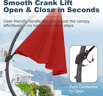 11FT Cantilever Umbrella with Base Large Curvy Outdoor Aluminum Offset Umbrella w/ 360° Rotation, UV Resistant Canopy for Patio, Garden, Backyard, Red