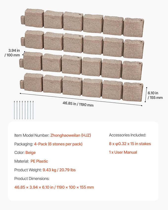 VEVOR Faux Stone Landscape Edging, No Dig Garden Edging Border, Flexible Blocks for Lawn Edging, Flower Beds, Driveway, Yards with 12 Spikes, 4 Pack 24 Bricks 16FT Kit, 46.9" Lx 4" W x 6" H, Beige