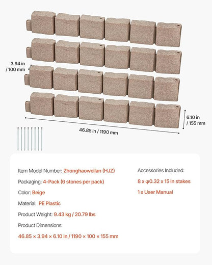 VEVOR Faux Stone Landscape Edging, No Dig Garden Edging Border, Flexible Blocks for Lawn Edging, Flower Beds, Driveway, Yards with 12 Spikes, 4 Pack 24 Bricks 16FT Kit, 46.9" Lx 4" W x 6" H, Beige