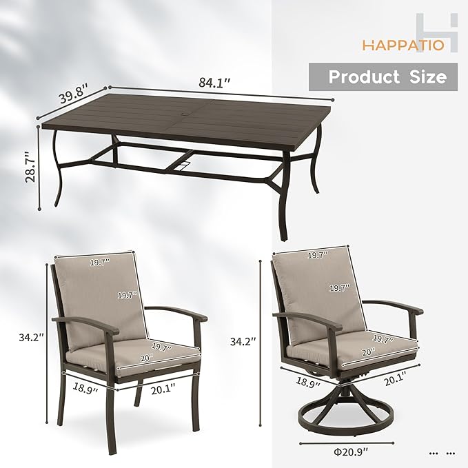 HAPPATIO Aluminum 9 Piece Patio Dining Sets, Outdoor Dining Set for 8, Patio Furniture Sets, 2 Swivel Dining Chairs, 6 Dining Chairs, Aluminum Furniture Set for Patio, Yard (Black)