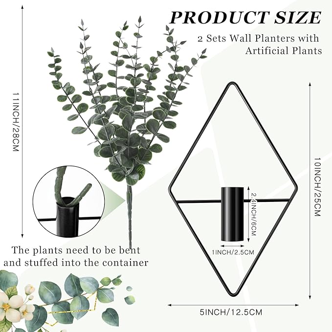 Jexine Hanging Planters with Artificial Eucalyptus Metal Hanging Vase Indoor Plants Holder Modern Geometric Boho Bathroom Wall Decor for Living Room Home Office (Black,4 Pcs)