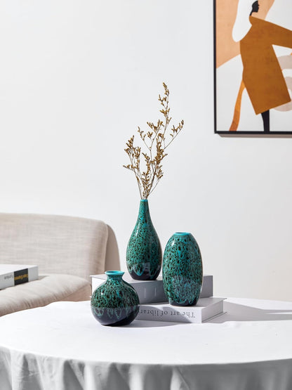 Ceramic Bud Vase Set, Fambe Blue Glazed Finish, Decorative Flower Vases (Blue-Set of 3)