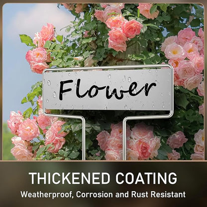 25PCS Silver Metal Plant Tags Plant Labels with 50Pcs Labels, Rainproof PET Film & 2 Permanent Pen, 10.1 inch Weatherproof Banner Garden Markers, Marking Protection Seedling Signs Nursery Tags