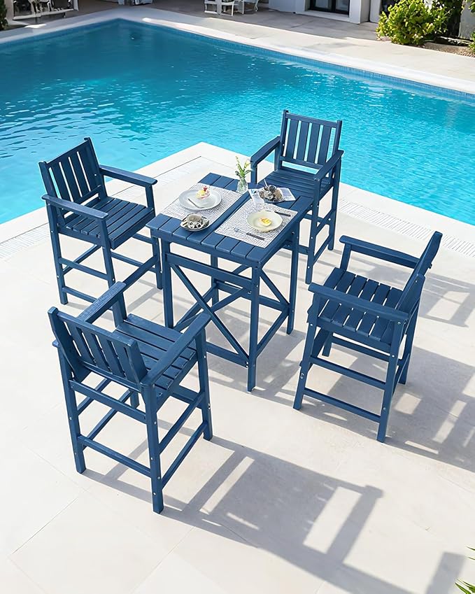 QUASCO Outdoor Adirondack Bar Chairs and Table Set of 5, HDPE Patio Bar Height Table and 4 Adirondack Chairs, All Weather Outdoor Bar Stools Set for Bistro, Poolside, Balcony, Navy