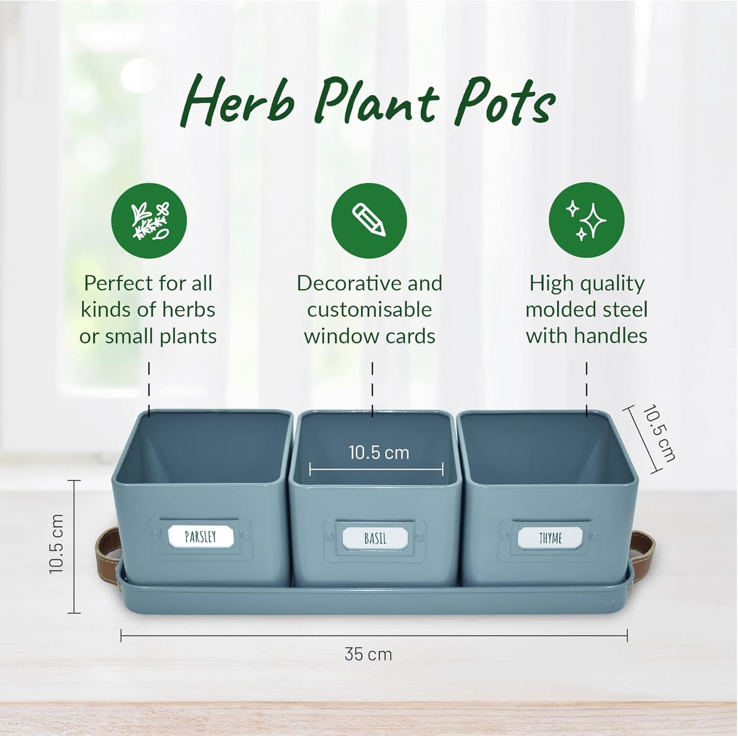 Herb Planter Indoor - Set of 3 Teal Blue Indoor Herb Garden Pots with Leather Handled Tray - Window Sill Plant Shelf - Pots with Drainage Holes and Labels