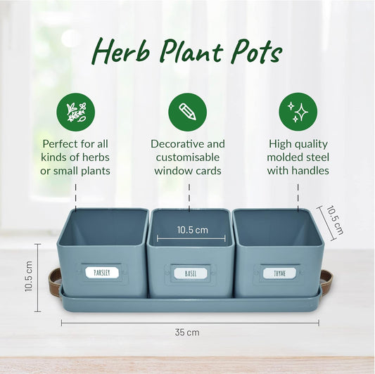 Herb Planter Indoor - Set of 3 Teal Blue Indoor Herb Garden Pots with Leather Handled Tray - Window Sill Plant Shelf - Pots with Drainage Holes and Labels