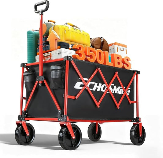 EchoSmile Collapsible Foldable Wagon Cart with 350lbs Weight Capacity, Heavy Duty Folding Utility Sport Wagon with Removeble Wheels for Camping,Grocery,Garden,Beach,Black&Red