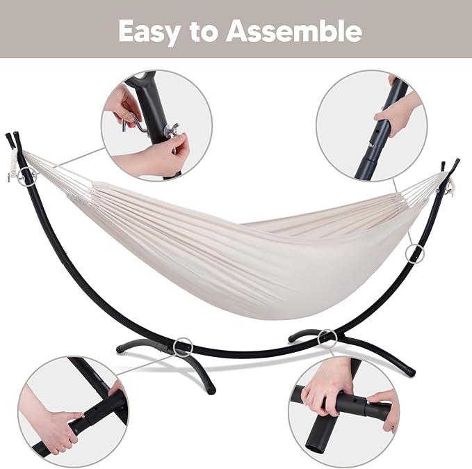 SUNCREAT Portable Outdoor Hammock with Stand Included, Double Hammock with Stand for Outside, Beige